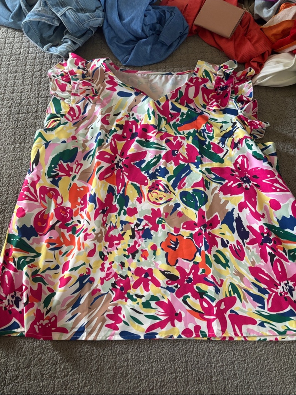 Bright Floral Ruffle Sleeve Tank Top - Multicolor